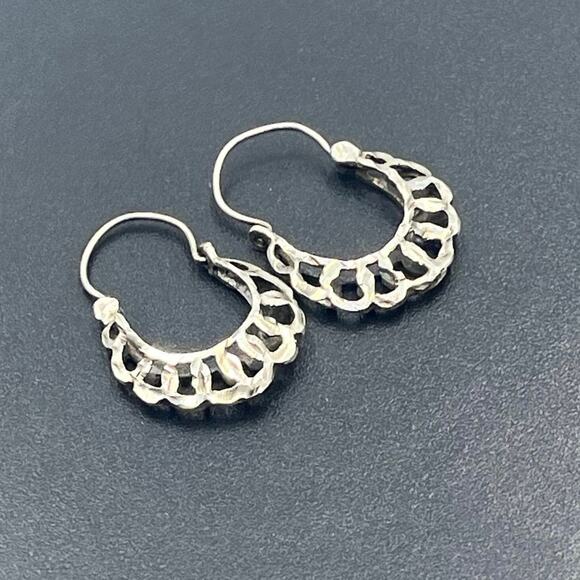 Sterling Silver Basket Weave Diamond Cut Crescent Shaped Filigree Hoop Earrings - Picture 8 of 9